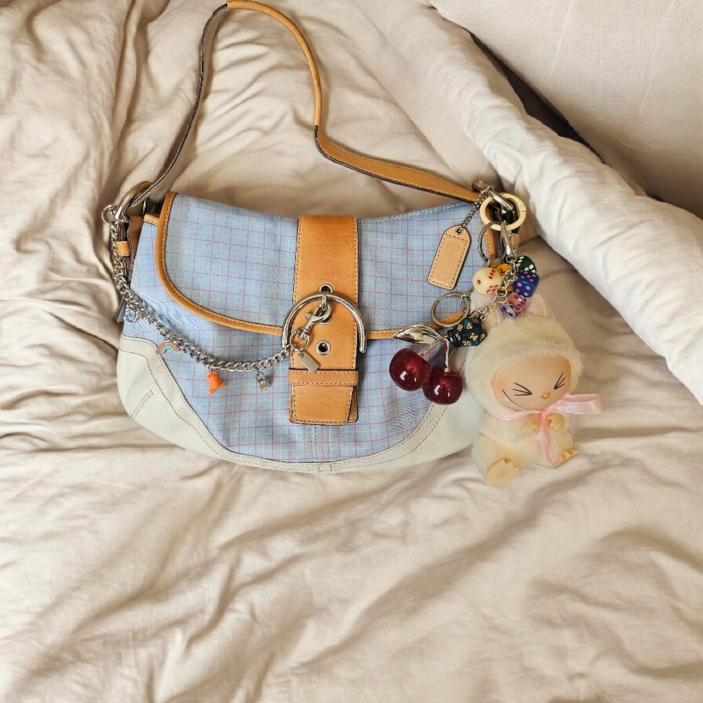Coach Soho Light Blue Plaid Baguette Shoulder Bag Y2K